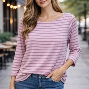 J.Jill Pink Striped 3/4 Sleeve Boat Neck Tee | Soft Casual Top